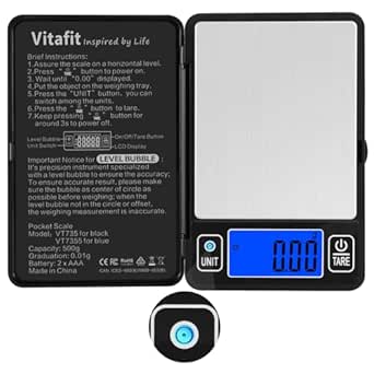 Vitafit 500g Digitale Taschenwaage mit 0,01g, Hohe Genauigkeit durch Eingebaute Libelle, Feinwaage Grammwaage für Mehrere Funktionen: Küche, Lebensmittel, Schmuck, Labor, Kaffee, Schwarz