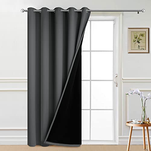 Image of Yakamok Dark Grey Blackout Patio Door Curtain Panels W70 x L84, 1 Panel | Noise Reducing Barrier Panel for Sliding Glass Door, 2 Thick Layers Heat Full Light Blocking Patio Door Drapery