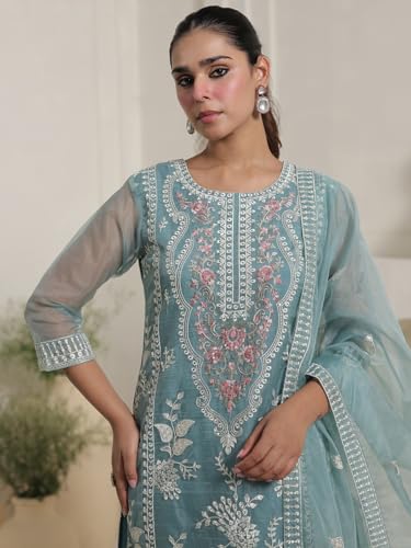 Image of INDO ERA Women's Organza Floral Embroidered Straight Kurta & Pant with Dupatta Set (IESTR10756)