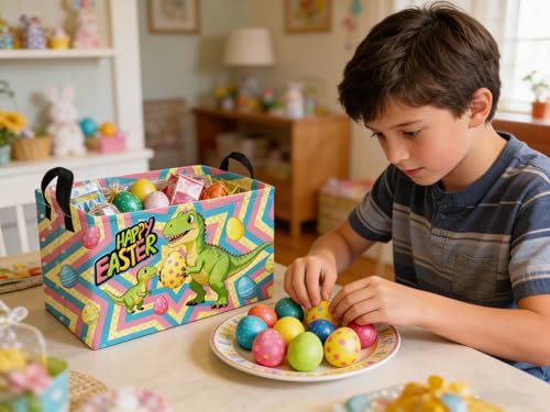 Image of Essme Rectangular Easter Dinosaur Baskets,Kids Storage Basket with Handles for Boys Room Decor, Boys Box,Cute Storage Bin(Easter dinosaur)