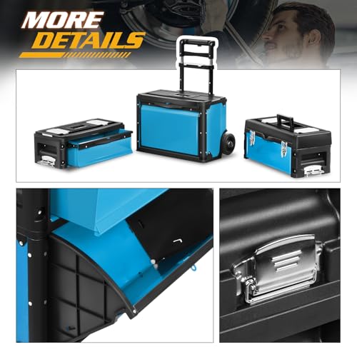 Image of Magshion Heavy-Duty Rolling Tool Box, 3-Tier Stackable Tool Chest System with Wheels & Drawers, Modular Organizer for Small Parts and Tools, Mobile Garage Workshop Storage in Black /Blue