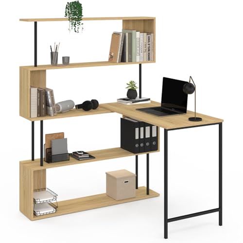 IDMarket - DETROIT Scrivania angolare con libreria girevole a 180°, forma a S, design industriale