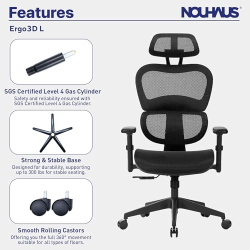Nouhaus Ergo3dL Home Office Desk Chairs Ergonomic Office Chair High-Back Mesh Rolling Work Chairs with Wheels and Adjustable Headrests Comfortable Lumbar Support Adjustable Armrests