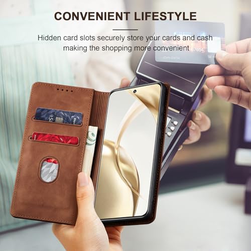 Image of Jasonyu Case for Honor 200 5G, PU Leather Wallet Case [Shockproof] [Magnetic] [Card Holder] [Stand Function] Flip Case (Brown)