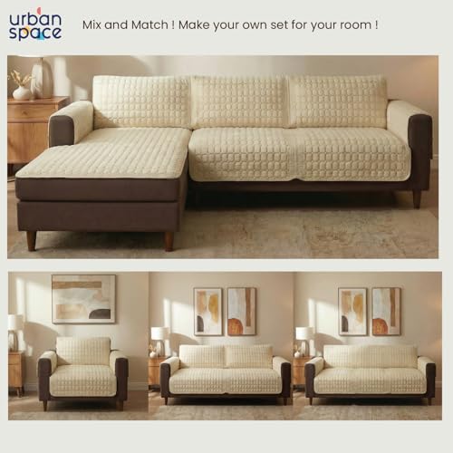 Image of Urban Space Velvet Embroidery Quilted Sofa Cover mat, Premium 1 Seater Non-Slip Sofa slipcover, Easy Care & Machine Washable, Seat Runner for Couch for Living Space (1 Seater - Box Grid - Beige)