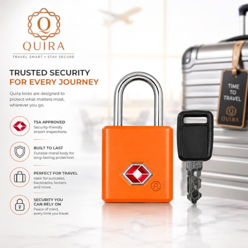 Image of QUIRA TSA Approved Travel Padlock with Key, Luggage Lock for Suitcase, Backpack, Locker & Travel Bags, Heavy Duty Security Lock (Orange)