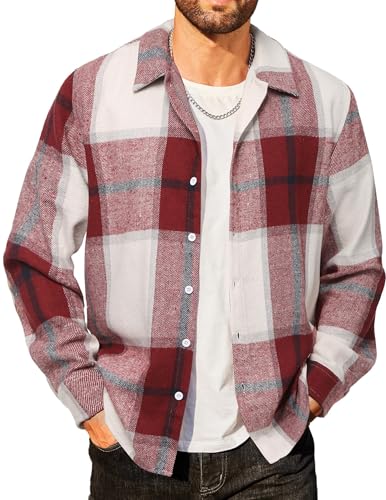 COOFANDY Camisa de franela para hombre, a cuadros, manga larga, informal, con botones, para el tiempo libre, ajuste normal, para traje regional, camisas de leñador, Rojo y blanco, XL