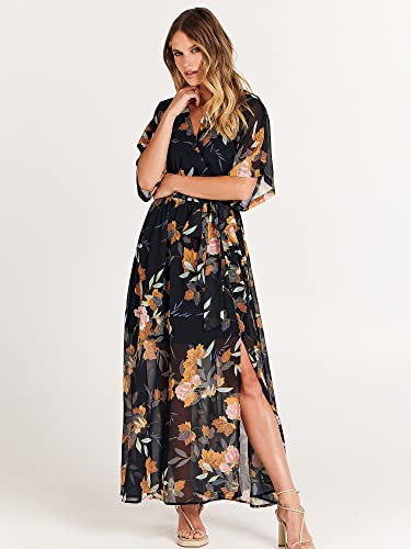 Image of ANRABESS Womens Boho Floral Wedding Guest Maxi Dress | Flowy A-Line Chiffon with Slit, Elegant V Neck Wrap Elastic Waist, Casual 1 /2 Sleeve Spring Summer Outfits, Tea Party