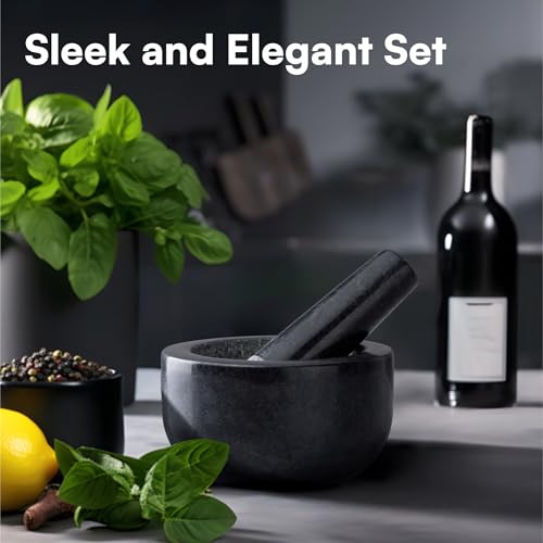 H&S Alliance Mortar and Pestle Set - Premium Stone Pestle and Mortar Bowl & Grinder - Spice Herb Crusher Pesto Guacamole Maker for Kitchen - 4.7" (12cm) Diameter - Black Granite