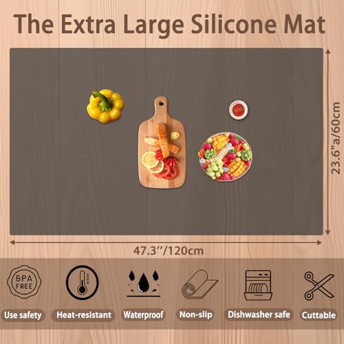Image of 47.3''x23.6''(120cmx60cm) Extra Large Silicone Mat for Kitchen Counter, 1.5MM Thick Non-Slip Heat Resistant Countertop Protector, Waterproof Durable Kitchen Mat for Countertops, Translucent Black