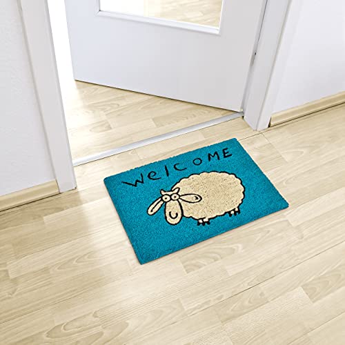 Relaxdays Fußmatte Kokos Schaf 40 x 60 cm Kokosmatte mit Rutschfester PVC Unterlage Fußabtreter aus Kokosfaser als Schmutzfangmatte und Sauberlaufmatte Fußabstreifer für Außen und Innen Matte, blau