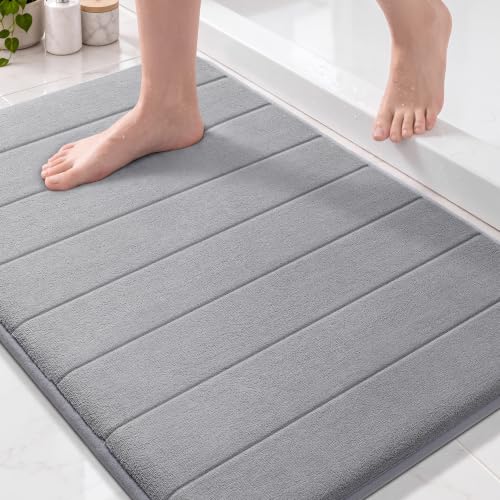 Yimobra Memory Foam Bath Mat 31.5x20, 5X Softer and Absorbent Bathroom Rug | Quick Dry Bath Rug, Non Slip Backing And Machine Washable Floor Carpet for Tub Shower, Home Decor Accessories, Grey