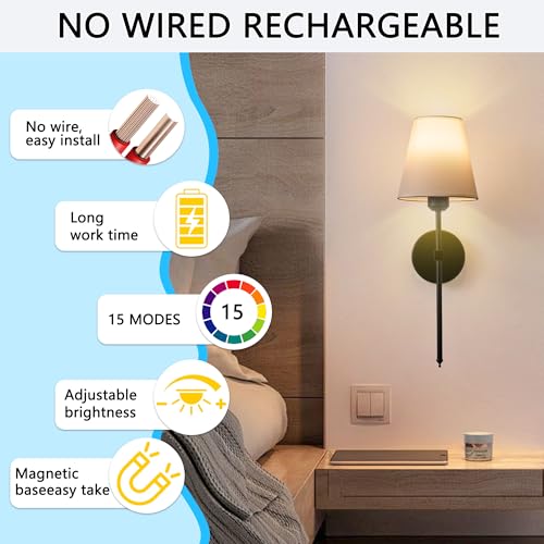 Image of Battery Operated Wall Sconces Set of 2-70H Rechargeable Detachable Bulbs with Stepless Dimming Remote, Wireless Wall Lamps Sconces for Hallway Living Room Bedroom Decor (Black 2-Pack)