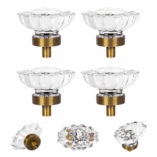 4 Pack Antique Brass Crystal Drawer Knobs Vintage Oval Glass Crystal Drawer Pulls Kitchen Cabinet Dresser Cupboard Wardrobe Handles