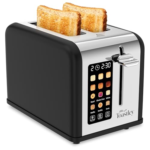Smart 2 Slice Toaster with Touchscreen Control, Wide Slots, Extra Lift, Defrost & Timer, 880W, Matt Black & Silver Stainless Steel