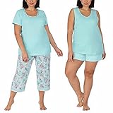 Carole Hochman Ladies' 4-Piece Cotton Pajama Set Short Sleeve Top, Tank Top, Short, and Capri Pant with Pocket, Solid and Floral Sleepwear for Women (XL, Light Blue)