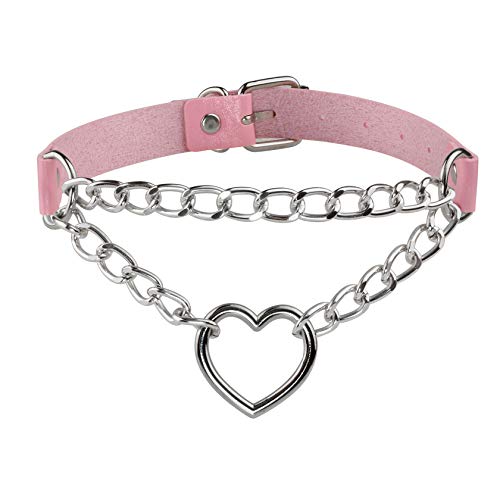 JJDreams Punk Halsband Gothic PU Leder Halsreif mit Kette Herz Anhänger elegant Choker Kragen schwarz Damen