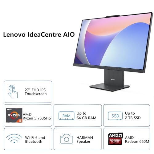 Image of Lenovo IdeaCentre AIO Desktop | 27 inch FHD IPS Touchscreen (99% sRGB) | AMD 6-core AMD Ryzen 5 7535HS | 16GB DDR5 1TB SSD | Type-C Harman Speaker Wi-Fi6 5MP Camera Win11Pro w /DLCA Accessory