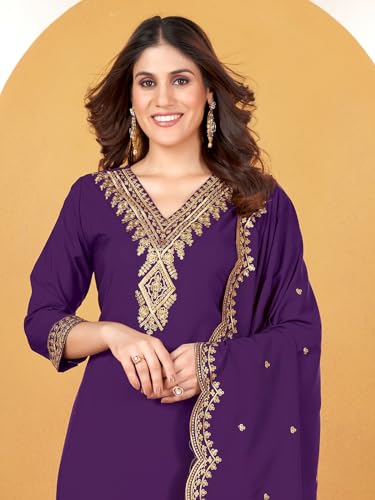 Image of Pratham Blue Kurta Set for Women Silk Embroidered Straight Kurta Set for Women with Palazzos and Dupatta