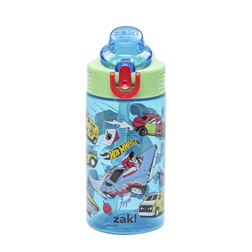 Zak Designs Mattel Hot Wheels Sage Kids Water Bottle For School or Travel 16oz Durable Plastic Water Bottle With Straw Handle and Leak-Proof Pop-Up Spout Cover (Hot Wheels)