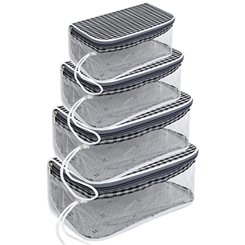 SNDIA Set of 4 Multipurpose Transparent Travel Pouch Makeup Toiletry Kit Bag (Grey & Black Checks, 22.5 x 12 x 10 cm)