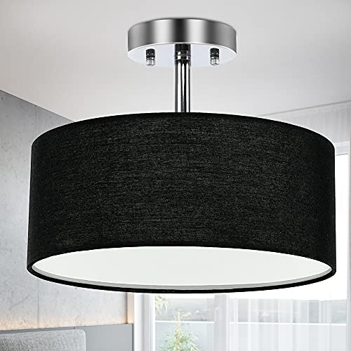 Depuley Semi Flush Mount Ceiling Light Fixture, 3-Lights Fabric Chandeliers, Large Black Drum Lampshade, Modern Close to Ceiling Lamps for Living Room, Bedroom, Dining Room, Kitchen, Hallway