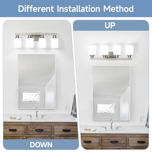 Image of 4-Light Bathroom Vanity Light,Brushed Nickel Vanity Lights with Square Frosted Glass,Modern Bathroom Wall Lights Fixtures Over Mirror,Wall Sconces Lighting for Bedroom Living Room,E26