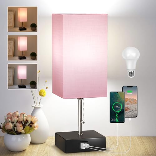 Image of WIHTU 3-Color Pink Temperature Lamps for Bedroom Table Bedside Lamp with USB Port and AC Outlet Nightstand LampBed Small Desk Lamps for Office