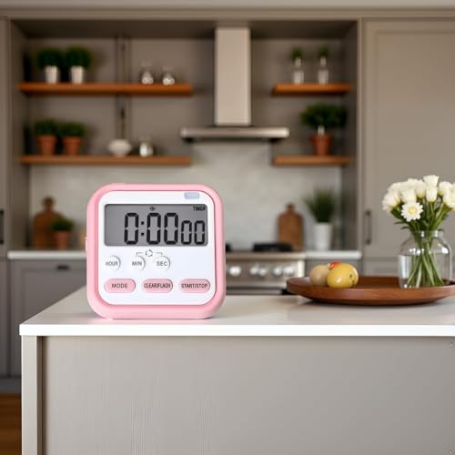 Image of LENTRAO Digital Kitchen Timer with Loud Alarm | Magnetic Back, Foldable Stand & Hanging Hook | Large LCD Countdown & Count Up Timer for Cooking, Baking, Study, Classroom, Gym & Office | Pink