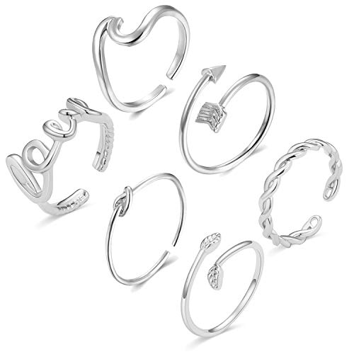 Wave Rings Arrow Ring Adjustable Rings for Women Vsco Rings Love Knot Ring V Ring Silver Gold Rose Gold Rings for Teen Girls (6pcs Silver Love Set)
