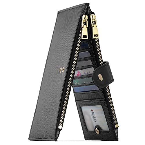 GOIACII Slim Wallets for Women RFID Blocking Card Holder 2 Zipper Pockets Thin Ladies Clutch Purse Black