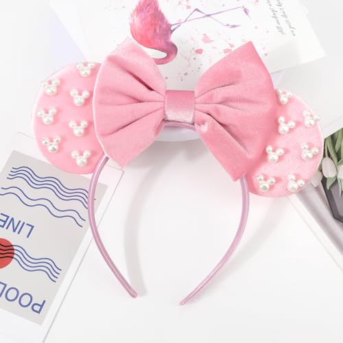 Image of DRESHOW Mouse Ears Headbands for Women Pearl Hairbands Bow Head bands Velvet Head band Christmas Cosplay Costume Princess Party Decorations Halloween & Disney Trip