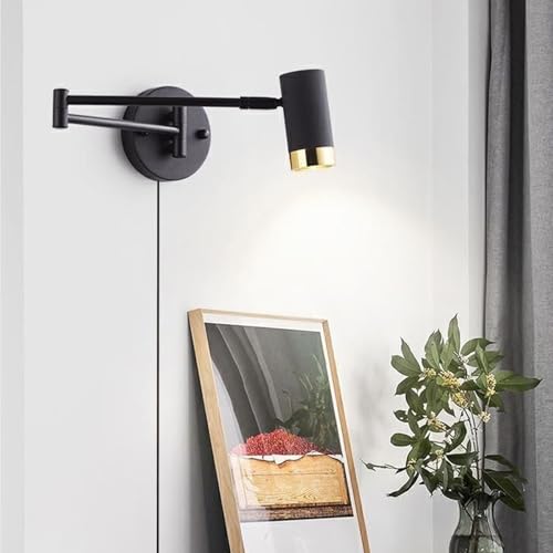 Aplique de pared vintage negro y oro con interruptor y brazo giratorio ajustable