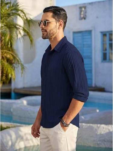 Image of DEELMO Combo of Men's Casual Button Down Shirts Long Sleeve Linen Shirt Fashion Textured Summer Shirts Pack of 2