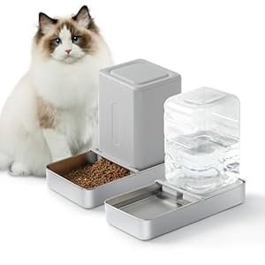 Automatic Cat Food and Water Dispenser Set – Stainless Steel Cat Feeder and Water Dispenser Gravity Elevated Large Cat Water Bowl Dispenser Cat cat Dry Food Dispenser (3.8L)