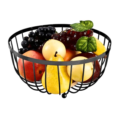 Yeqqzq Metal Wire Fruit Bowl with Wooden Base, 25 x 12.5 cm Countertop Fruit Basket for Fruits, Breads, Vegetables,Snacks (Black)