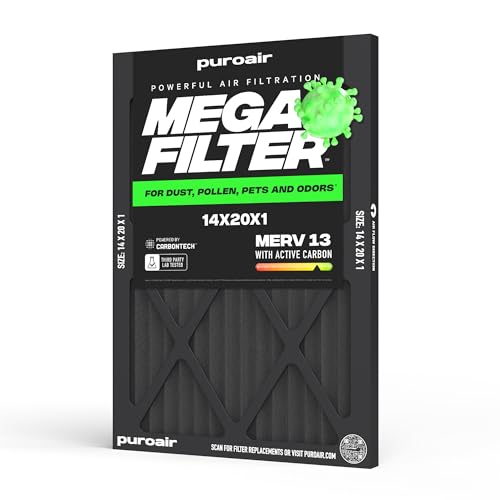 PuroAir MegaFilter - 14x20x1 Air Filter MERV 13 Activated CarbonTech Defense - Heavy Duty 3 Layer Furnace Filters Allergens, Pollen, Dust, Pet Dander, Smoke, Odors - HVAC Air Filter 14x20x1 (1-Pack)