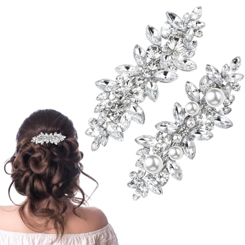 Mabor Lot de 2 petites pinces à cheveux argentées pour femme avec perle de cristal pailletée - Pince à cheveux en forme de fleur - Pour coiffure de...