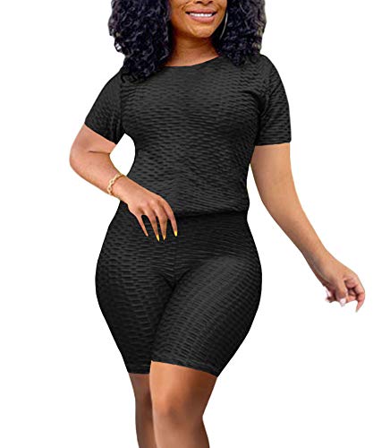 MyDearie Two Piece Outfits for Women - Casual Short Sleeve Sweatshirt + Skinny Shorts Set Jogging Tracksuit Black