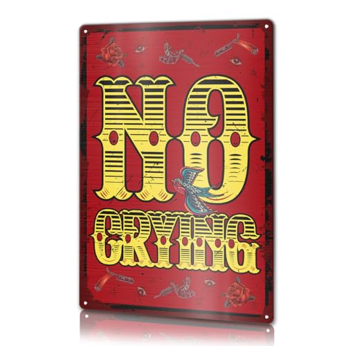 Funny Tattoo Shop Studio Metal Sign Wall Decor 12 X 8 Inches, Tattoo Artist Gifts for Women Men, No Crying
