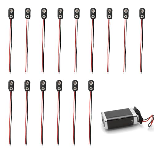 Set de 15 Conector Batería 9V, Clip Batería 9V Tipo I con Cable de 150mm, Conector a Presión de Recambio para Dispositivos Electrónicos, Cables Rojo y Negro, Conectores de Batería
