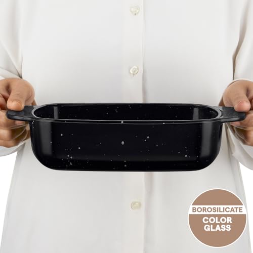 Image of Borosil 1.5 L Baking & Serving Dish | Borosilicate Glass Rectangle Shape Bakeware and Serveware Casserole Dish Tray | Microwave, Oven & Dishwasher Safe Bowl (Pebble Black)