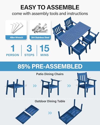 Image of YEFU HIPS Patio Table Set: 5 Piece Outdoor Table and Chairs Dining Furniture Set with Umbrella Hole - Blue Modern Plastic Dining Sets 4 Person for Outside Deck with Metal Aluminum Frame