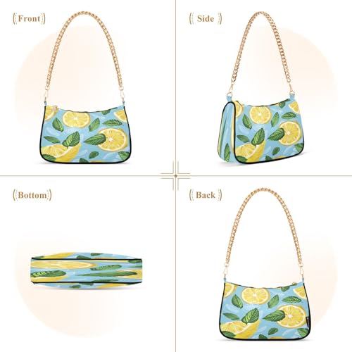 Image of Shoulder Bags for Women Vintage Yellow Lemon Fruit and Blue Print Hobo Tote Handbag Small Clutch Purse with Zipper Closure
