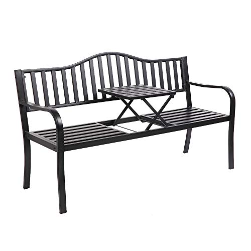 VINGLI 59" Outdoor Metal Bench Patio Bench with Built in Table Park Bench Garden Bench, Outside Benches Weather Proof Front Porch Bench for Yard Lawn Decor Deck