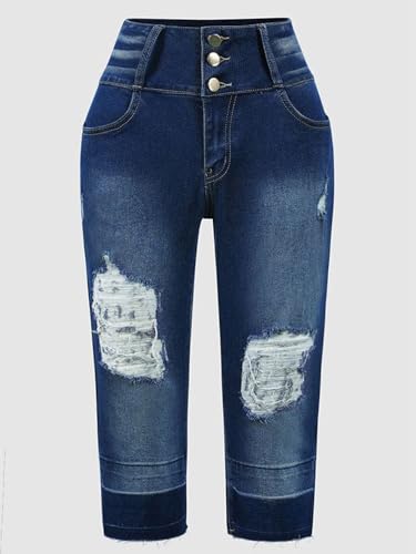 Flamingals Women's Distressed Mid Waist Skinny Jeans Stretchy Button Raw Hem Fall Trendy Denim Capris4