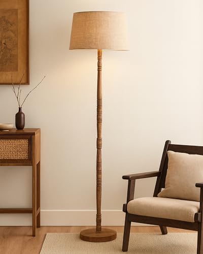 Image of Homesake Mid Century Modern Floor Lamp for Living Room | Hand Turned | Corner Lamp for Living Room, Stand Lamp with Fabric Lampshade for Bedroom, Study Room and Office, (Jute)