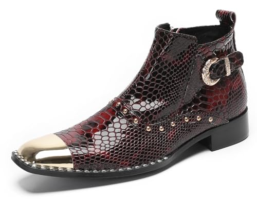 Santimon Men’s Dress Casual Ankle Chelsea Boots - Genuine Leather Snakeskin Texture Western Cowboy Boots with Metal Square Toe & Beads for Wedding, Party & Night Out