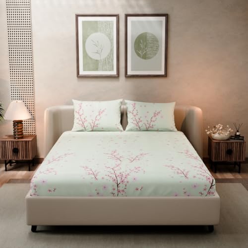 Image of BLISSHOME SoftTouch 140TC Cotton King Size Fitted Bedsheet with 2 Pillow Covers, Silky Smooth Bedding Set, Breathable, Easy Maintain, Floral Print - Pink, White (182cm x 198cm x 25cm Drop)