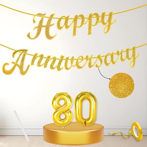 Image of Flyloons 80th Happy Anniversary Banner Gold Decorations Kit for Men Women Wedding Anniversary Banner Items without Balloons